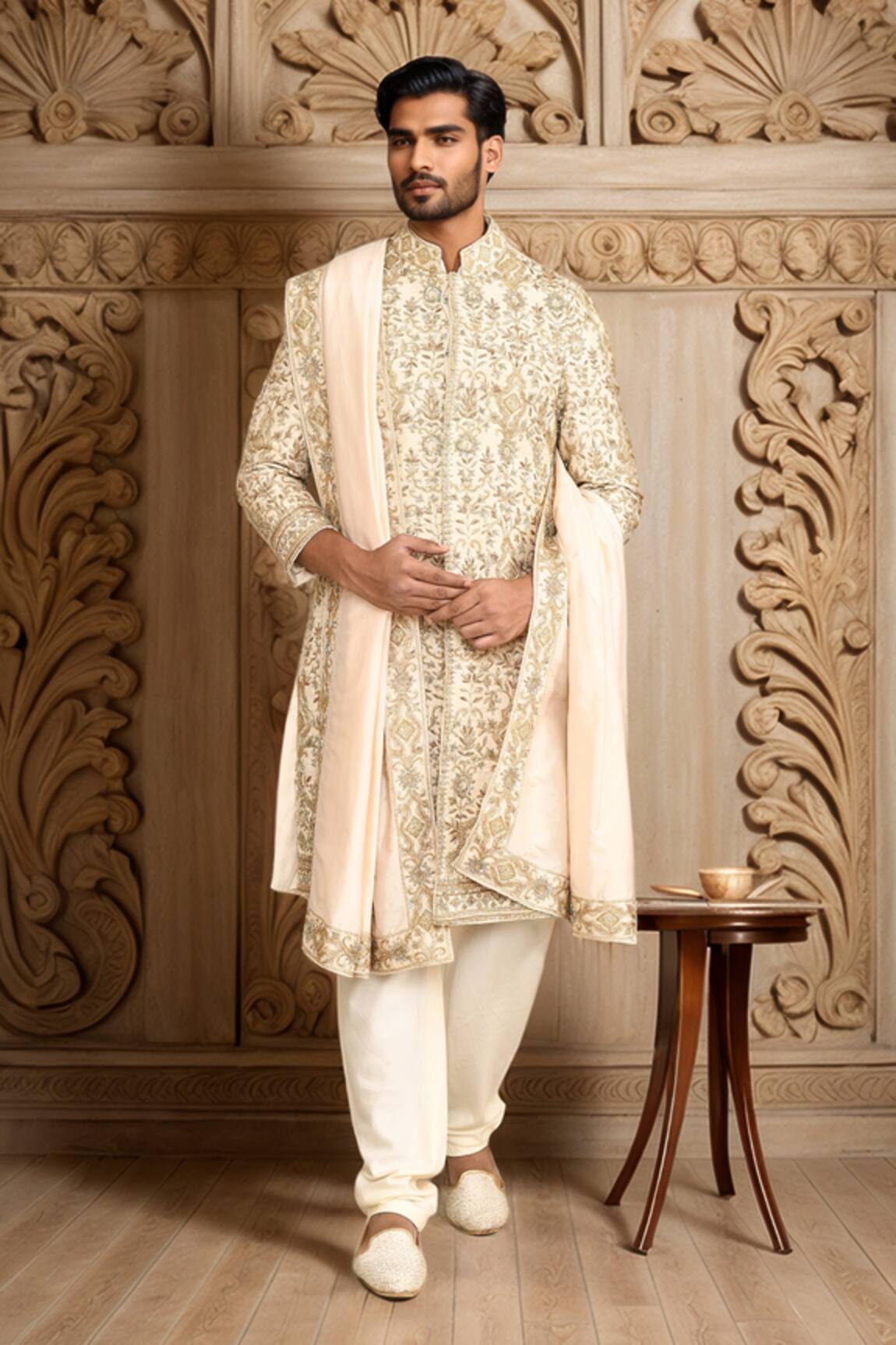 Kalighata Ivory Floral Embroidered Sherwani Set
