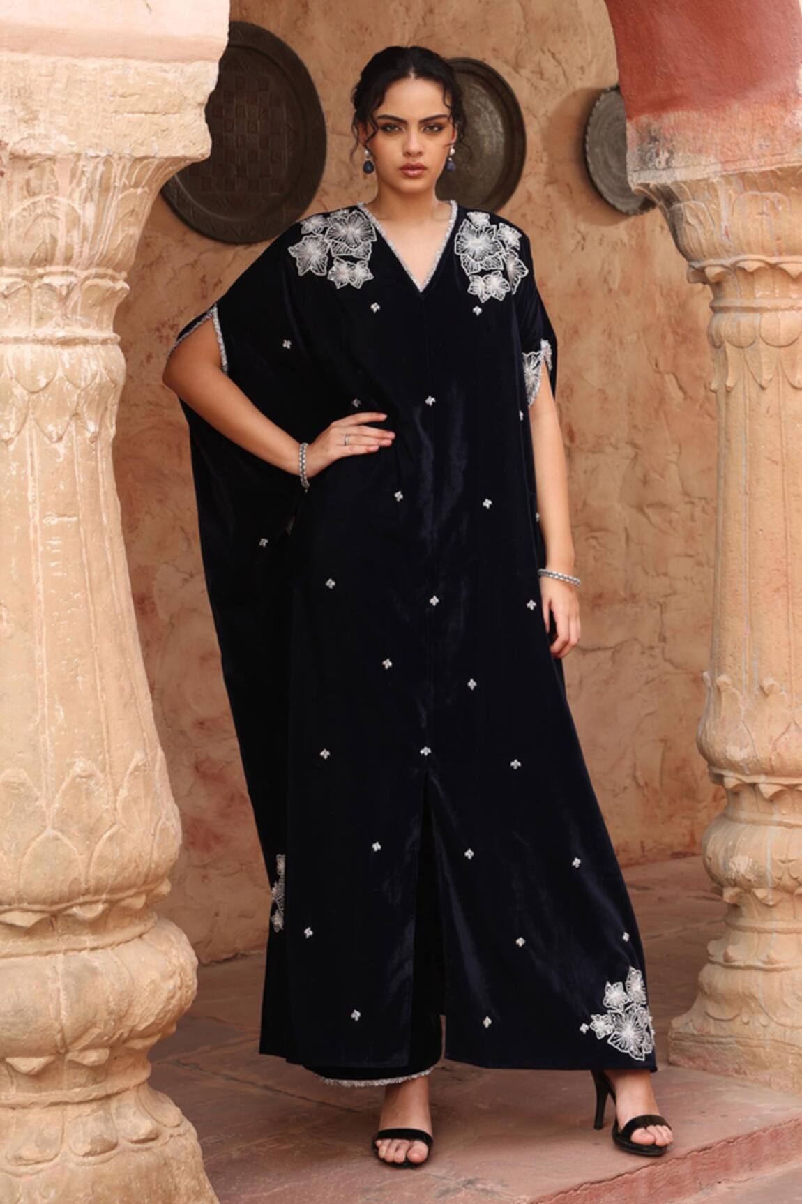 Ajiesh Oberoi Navy Velvet Embroidered Kaftan & Pant Set 