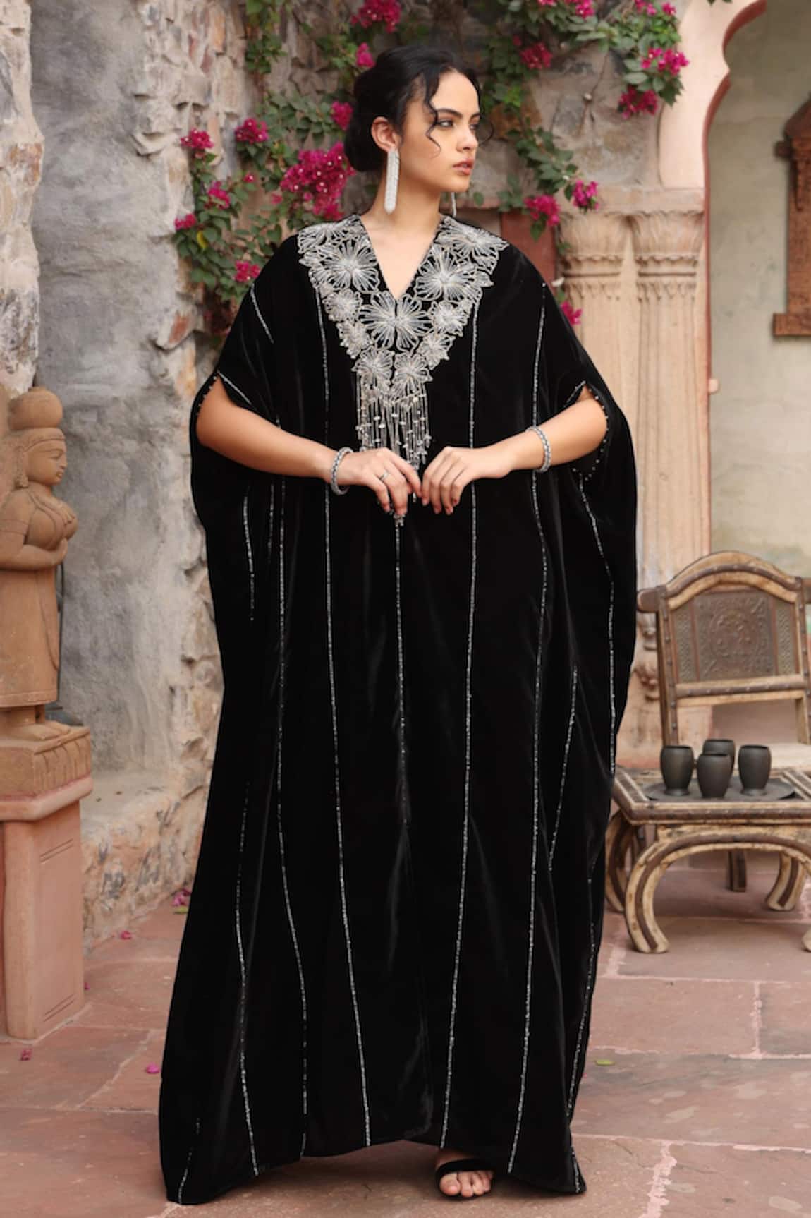 Ajiesh Oberoi Black Velvet Floral Embroidered Kaftan