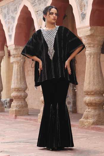 Ajiesh Oberoi Black Velvet Geometric Embroidered Kaftan & Pant 