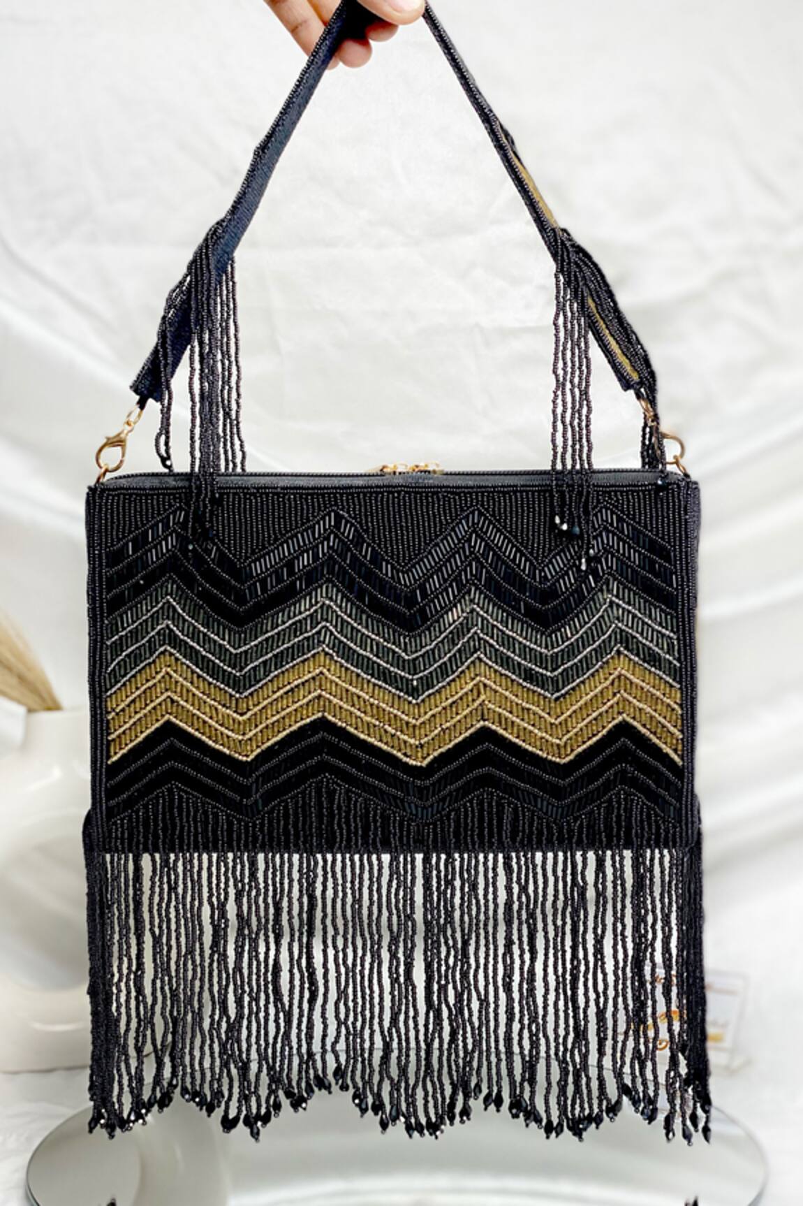 Kainiche By Mehak Chevron Nalki Fringe Embellished Bag 