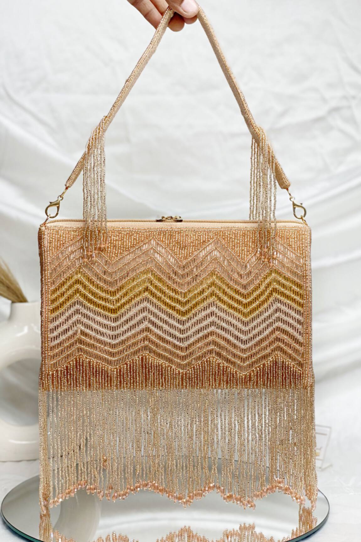 Kainiche By Mehak Rose Gold Nalki & Bead Fringe Bag 