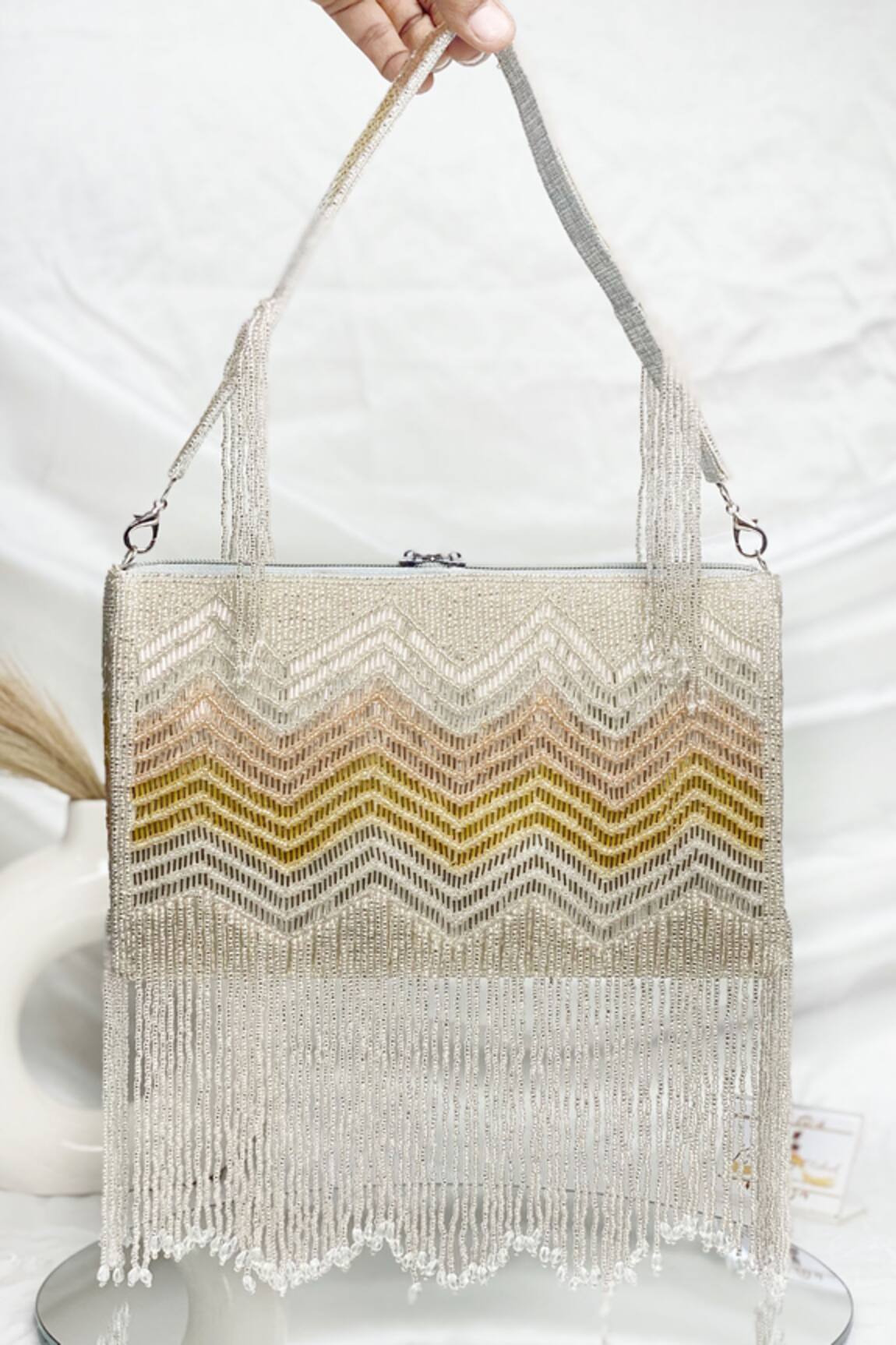Kainiche By Mehak Silver Bead Fringe Embellished Bag 