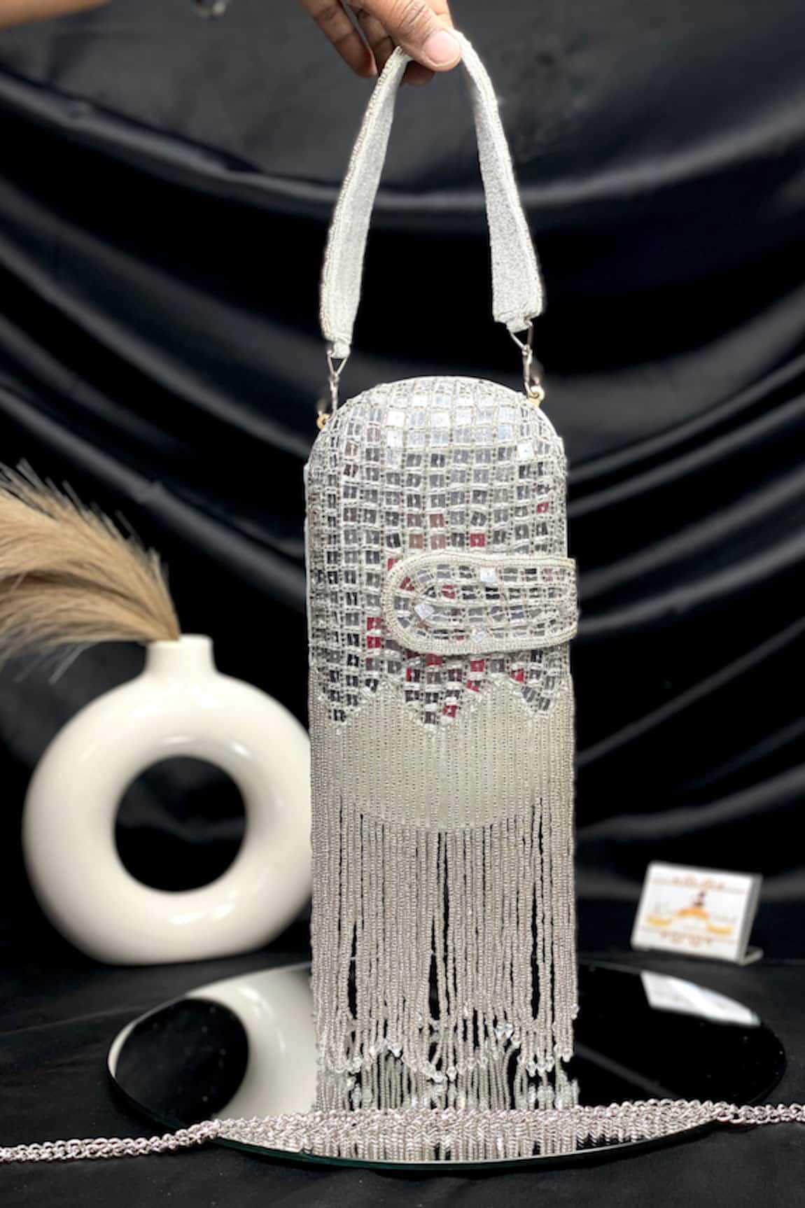 Kainiche By Mehak Silver Sequin Cutdana Capsule Bag 