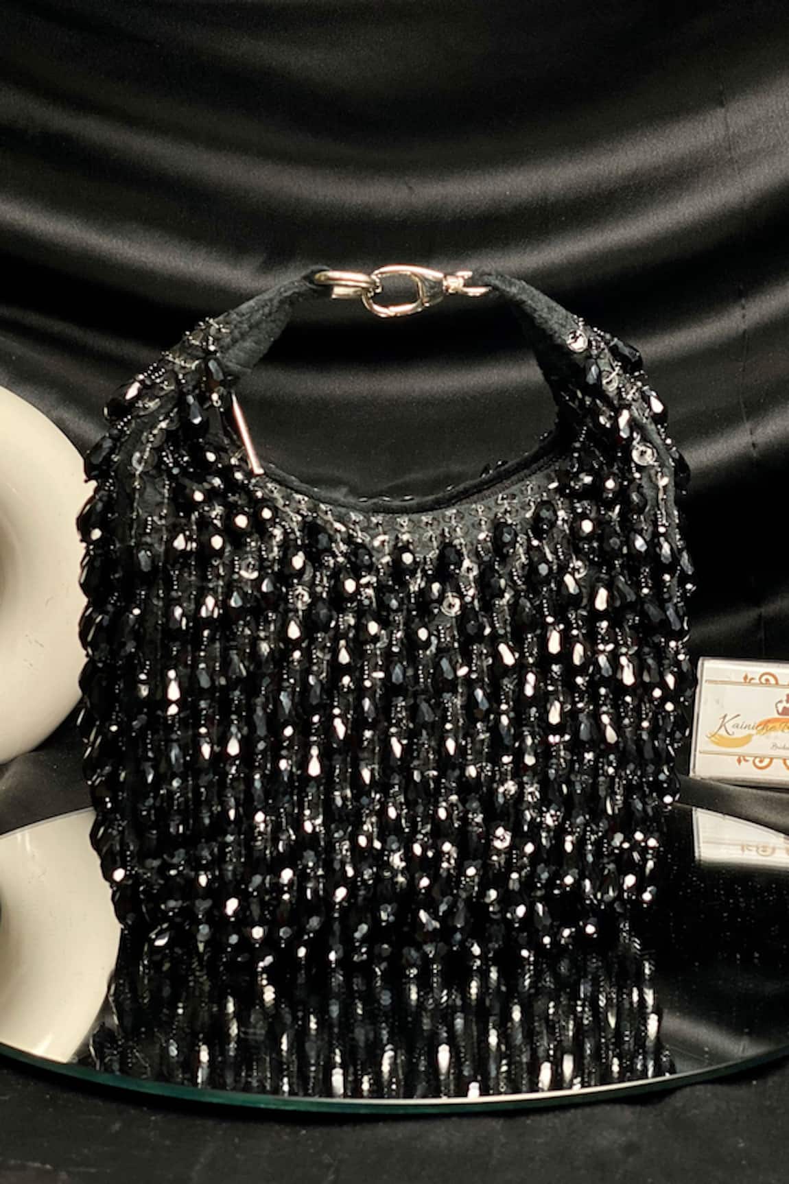 Kainiche By Mehak Black Crystal Tassel Handbag 
