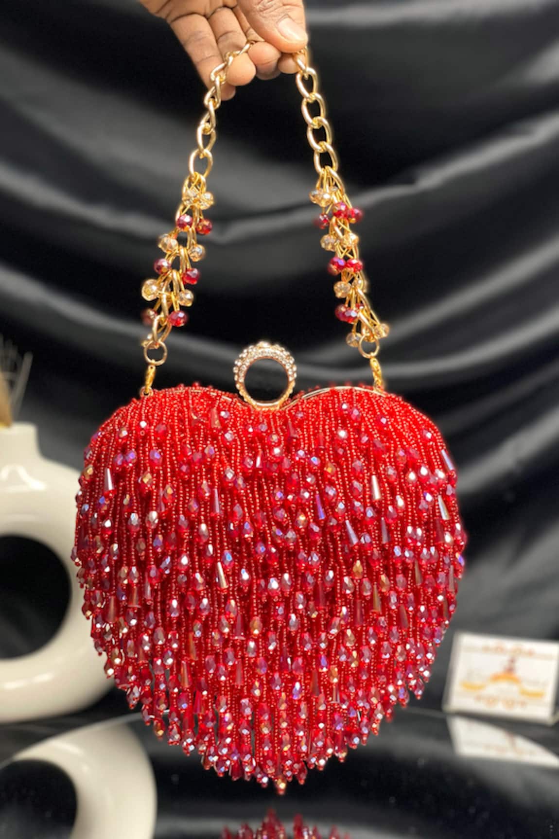 Kainiche by Mehak Heart Shaped Crystal Embellished Bag 