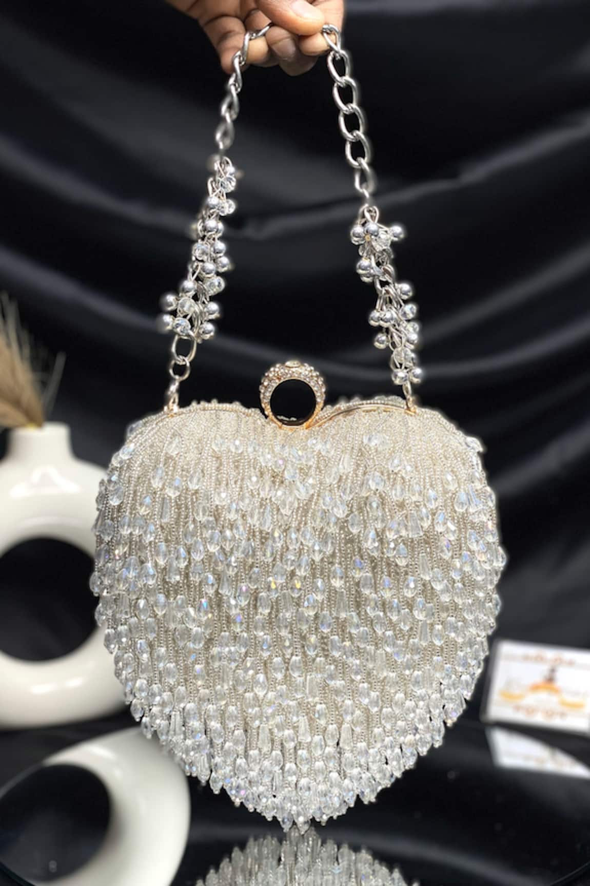 Kainiche by Mehak Silver Heart Shaped Crystal Bag 