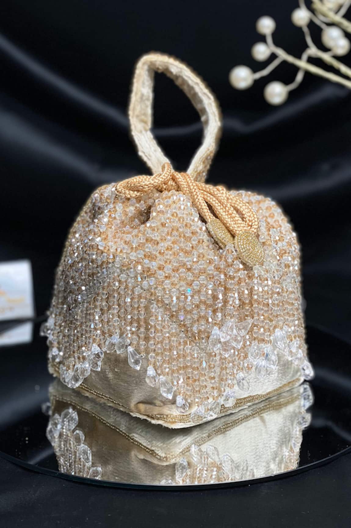 Kainiche by Mehak Gold Velvet Stone Tasseled Potli Bag 