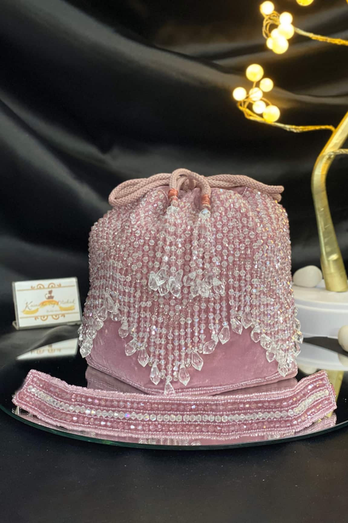 Kainiche by Mehak Pink Velvet Stone Tassel Bag 