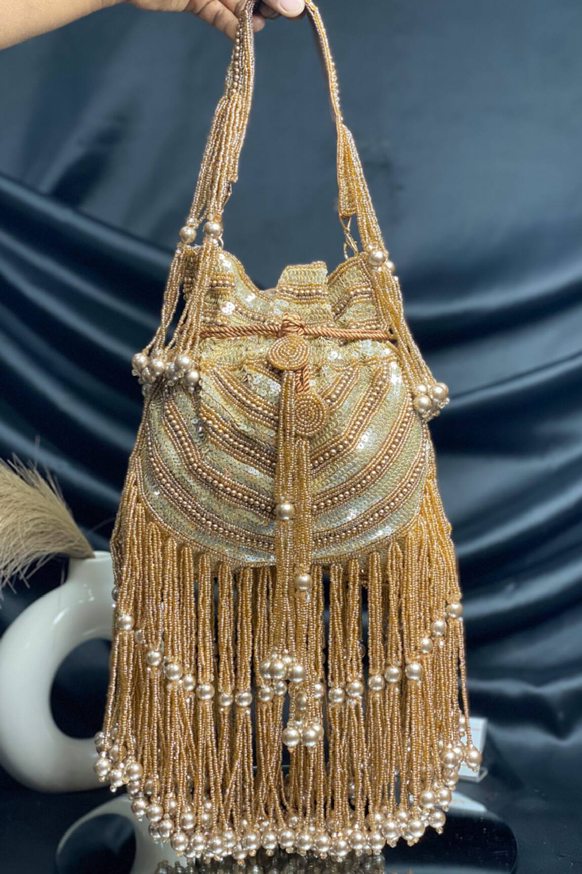 Kainiche by Mehak Gold Sequin Fringed Potli Bag 