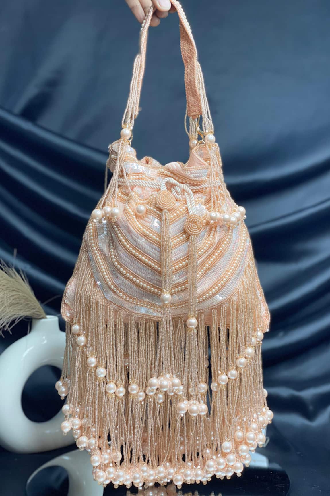 Kainiche by Mehak Rose Gold Sequin Fringe Potli Bag 