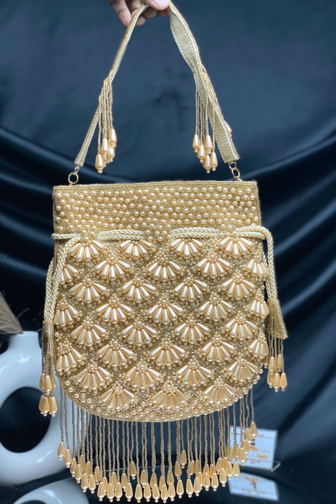 Kainiche by Mehak Gold Pearl Embroidered Potli Bag 