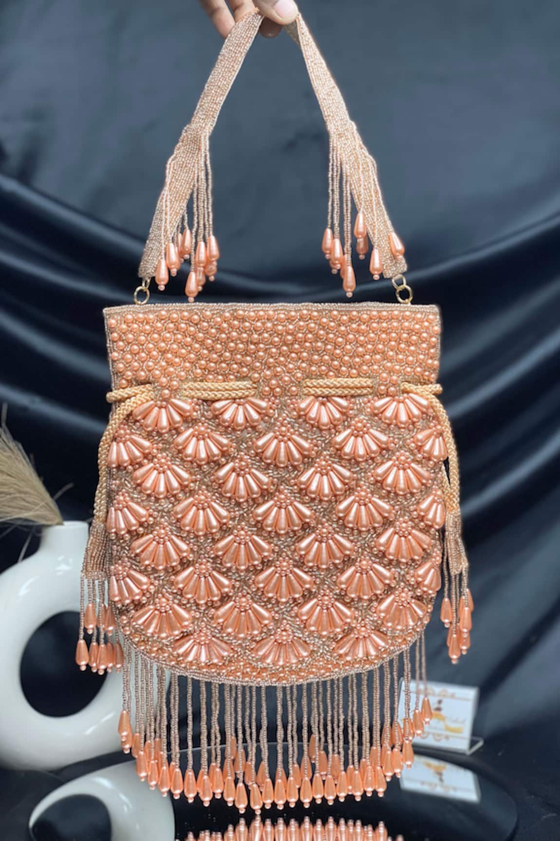 Kainiche by Mehak Fringed Pearl Embroidered Potli Bag 