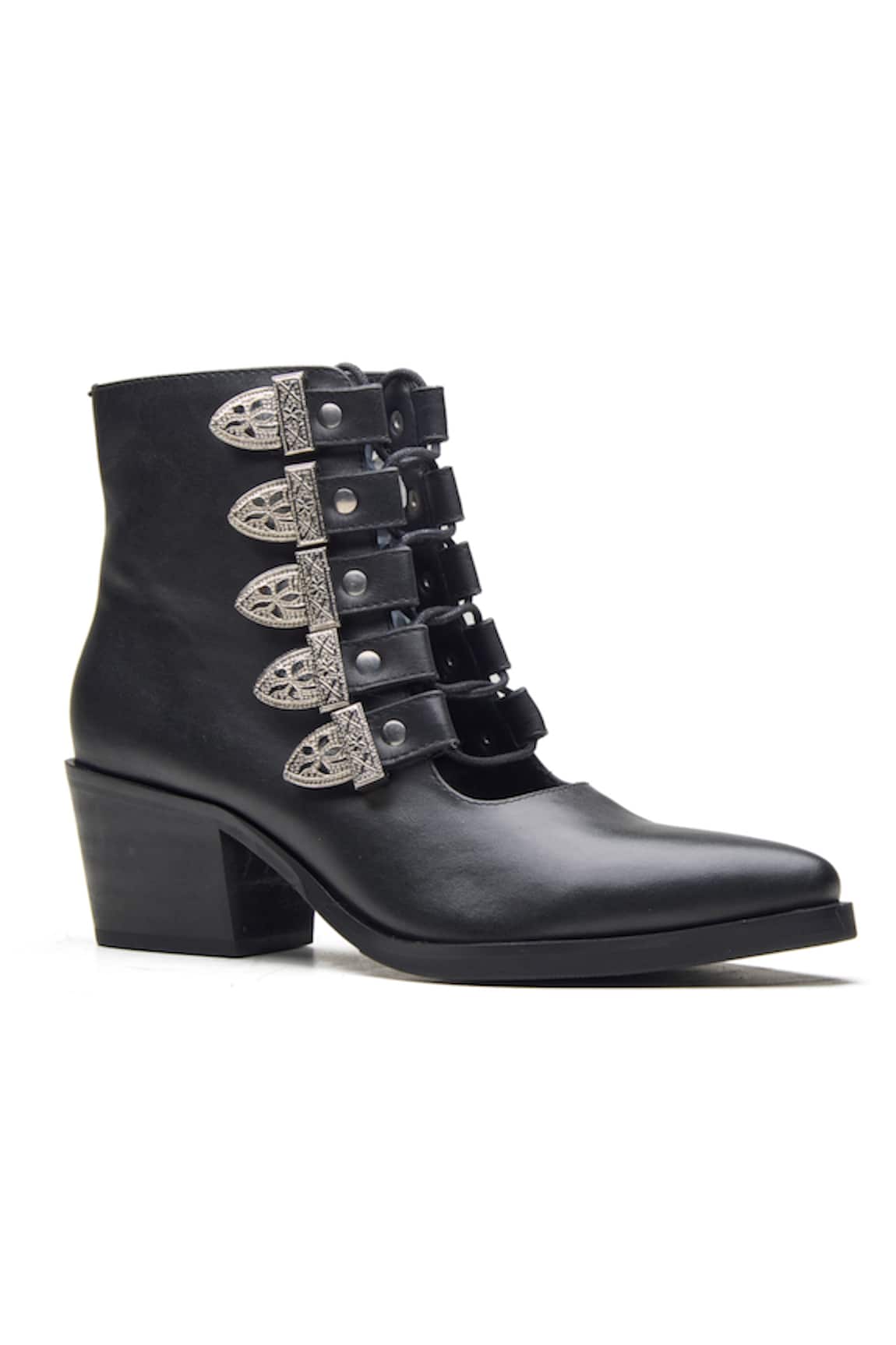 Dang Shoes Black Embellished Buckled Leather Boots 