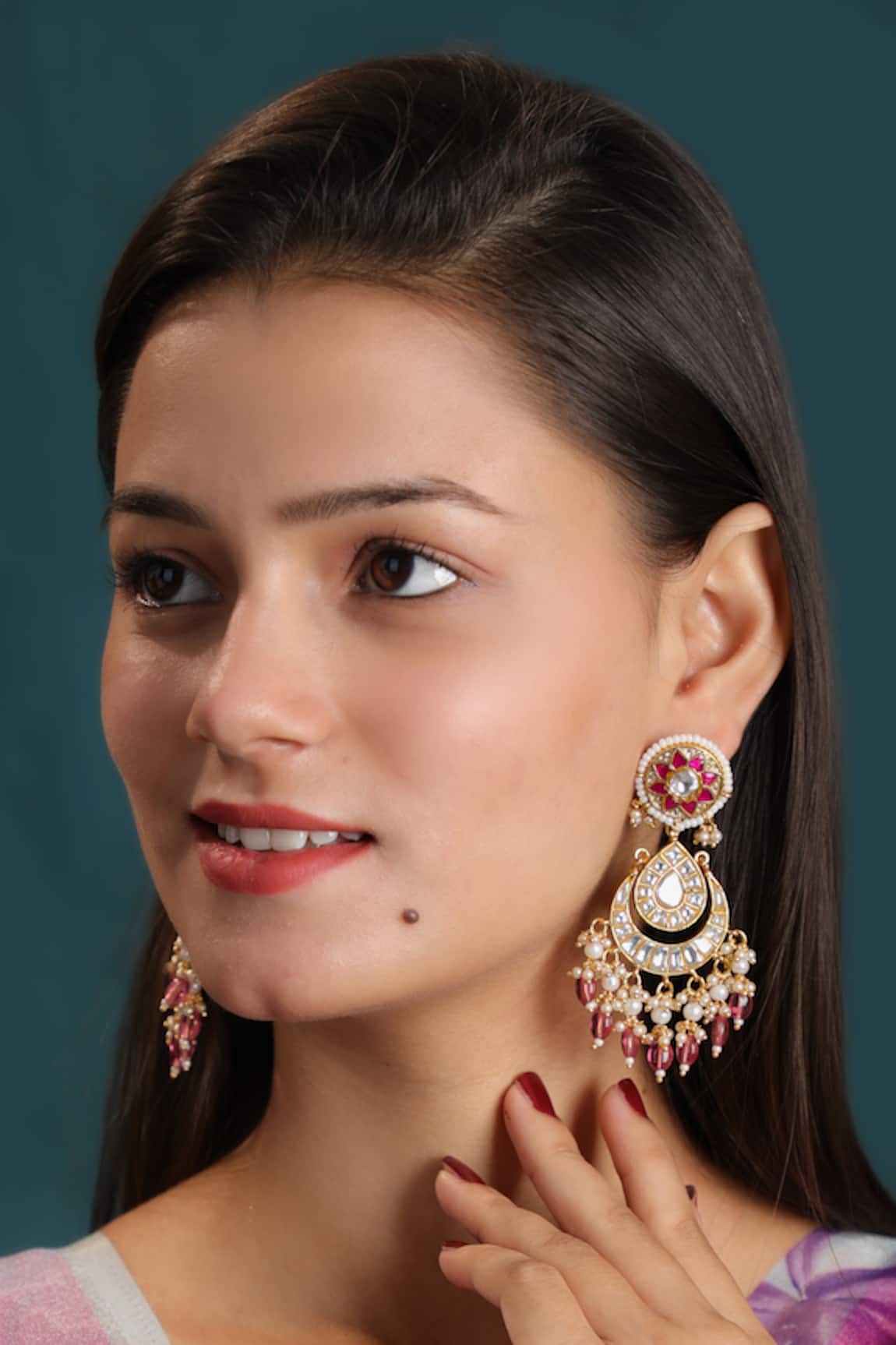 Riana Jewellery Floral Carved Kundan Chaandbali Earrings 