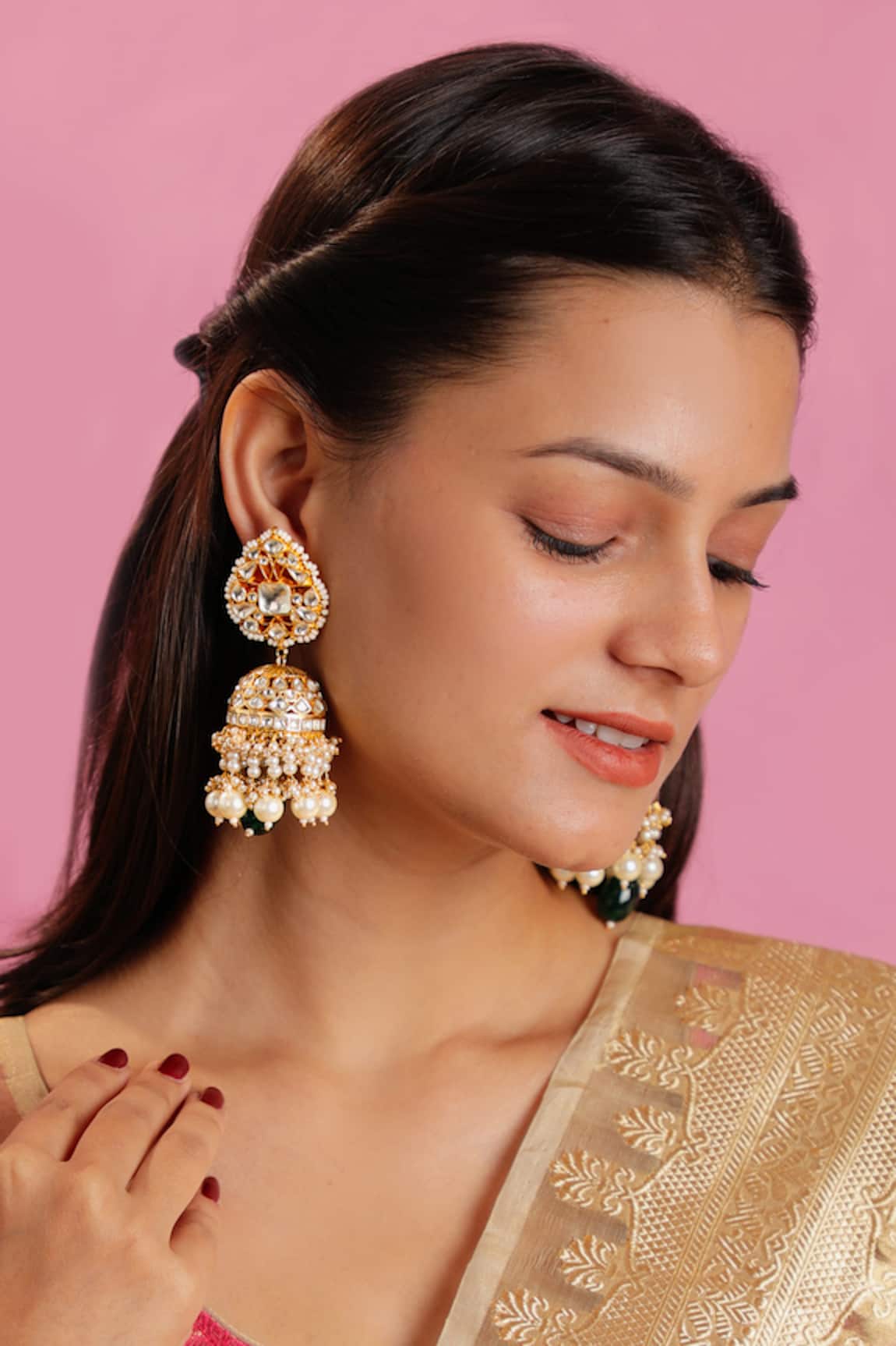 Riana Jewellery Floral Carved Jadtar Stone Jhumkas