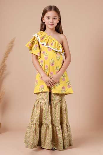 Petite Pomme Yellow Floral Print One Shoulder Kurta Set 