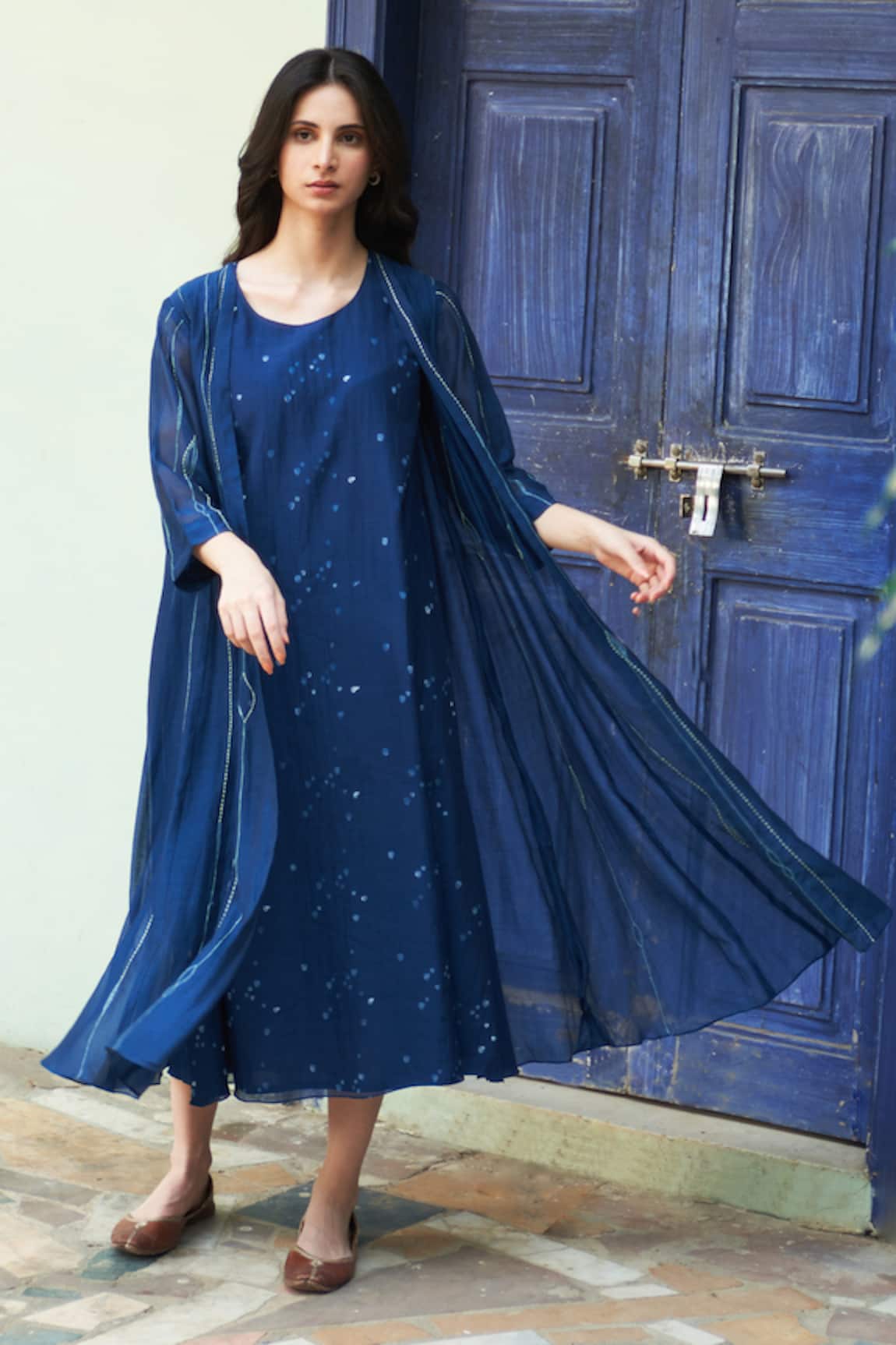 Vaayu Indigo Striped Printed Midi Jacket Dress 