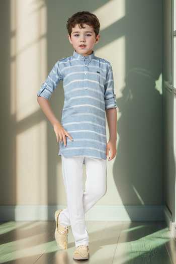 Petite Pomme Blue Stripe Cotton Kurta Set With Churidar