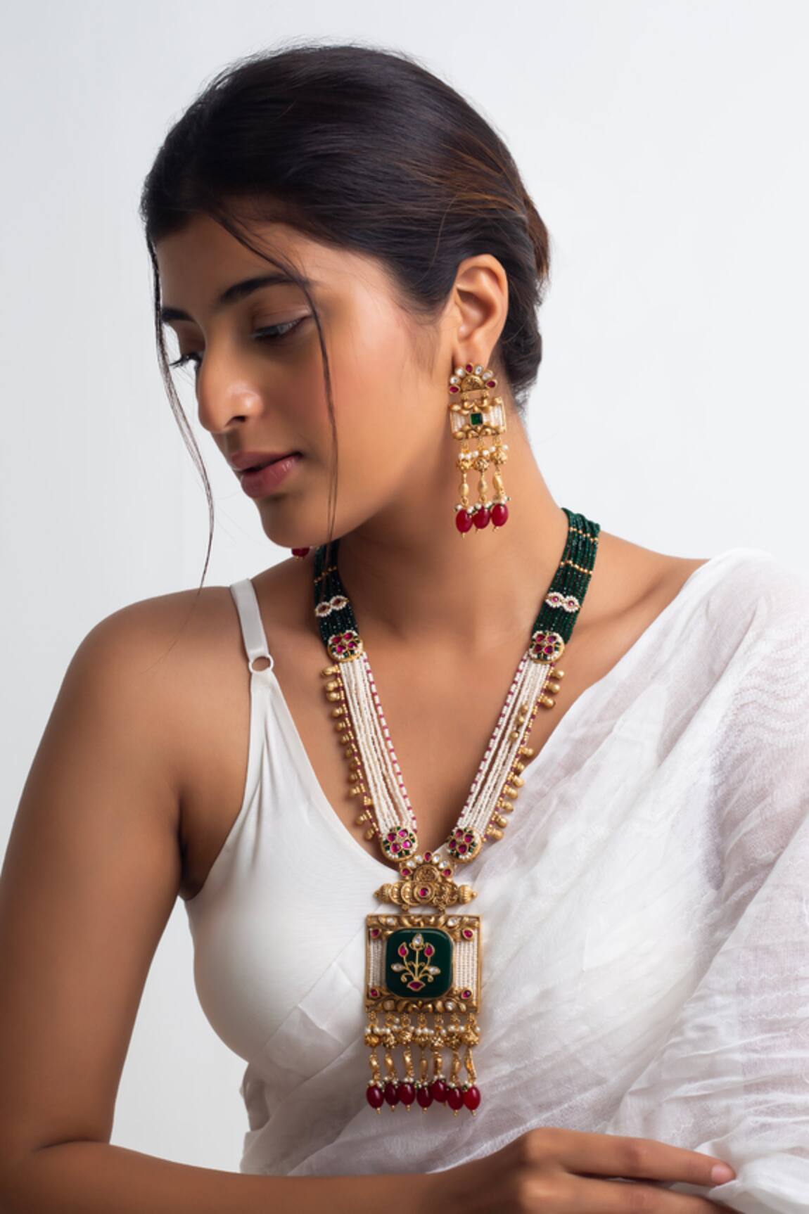 Zevar King Kundan Pearl Long Temple Jewellery Set 