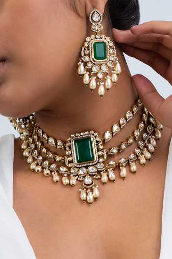 Zevar King Antique Gold Stone Choker & Earring Set