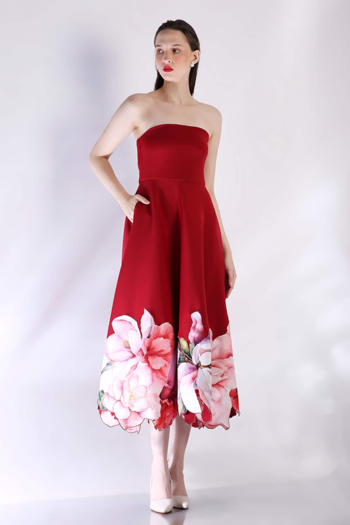 Ozeqo Floral Applique Red Midi Dress 