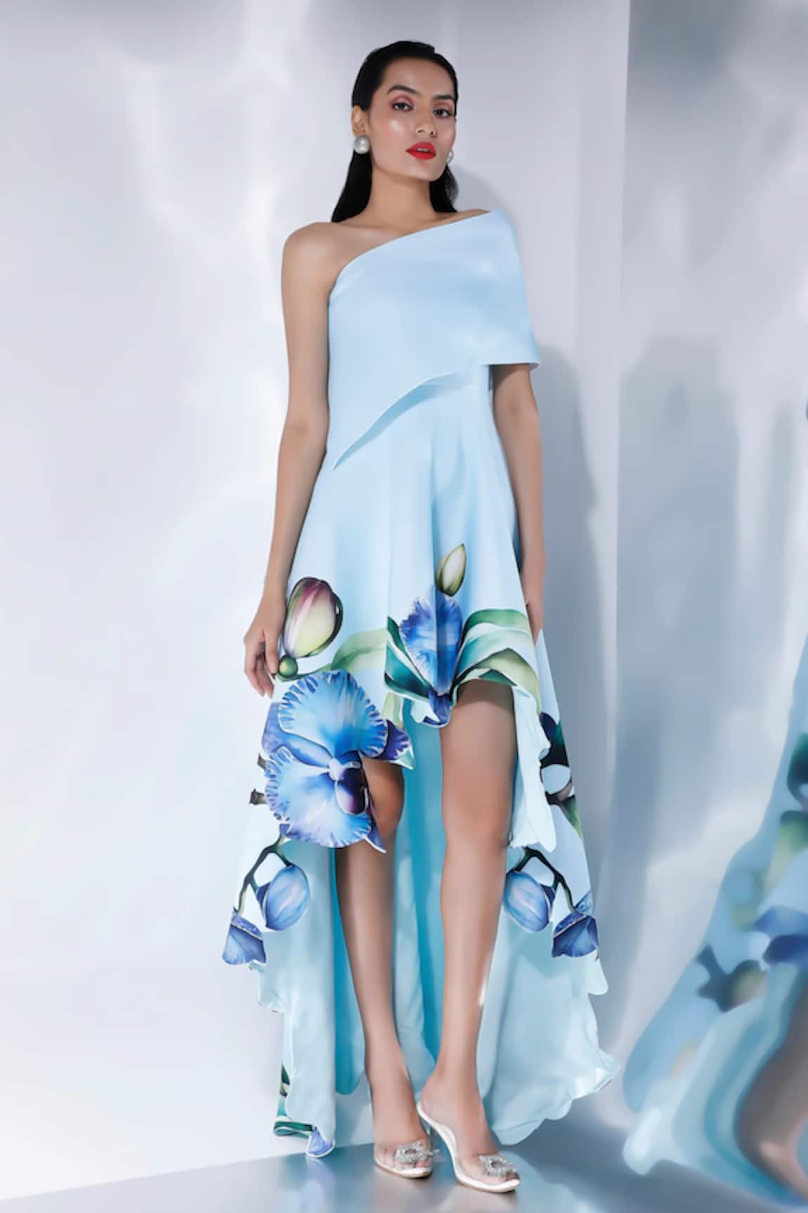 Ozeqo Asymmetric Orchid Print Dress With Cape 