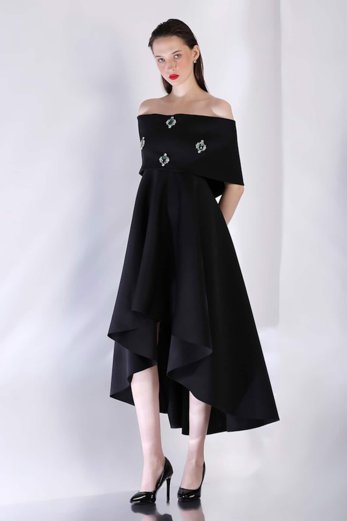 Ozeqo Asymmetric Dress & Stone Embellished Cape 