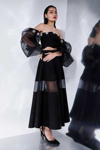 Buy Black Neoprene Rhinestones Asymmetric Floral Crop Top With