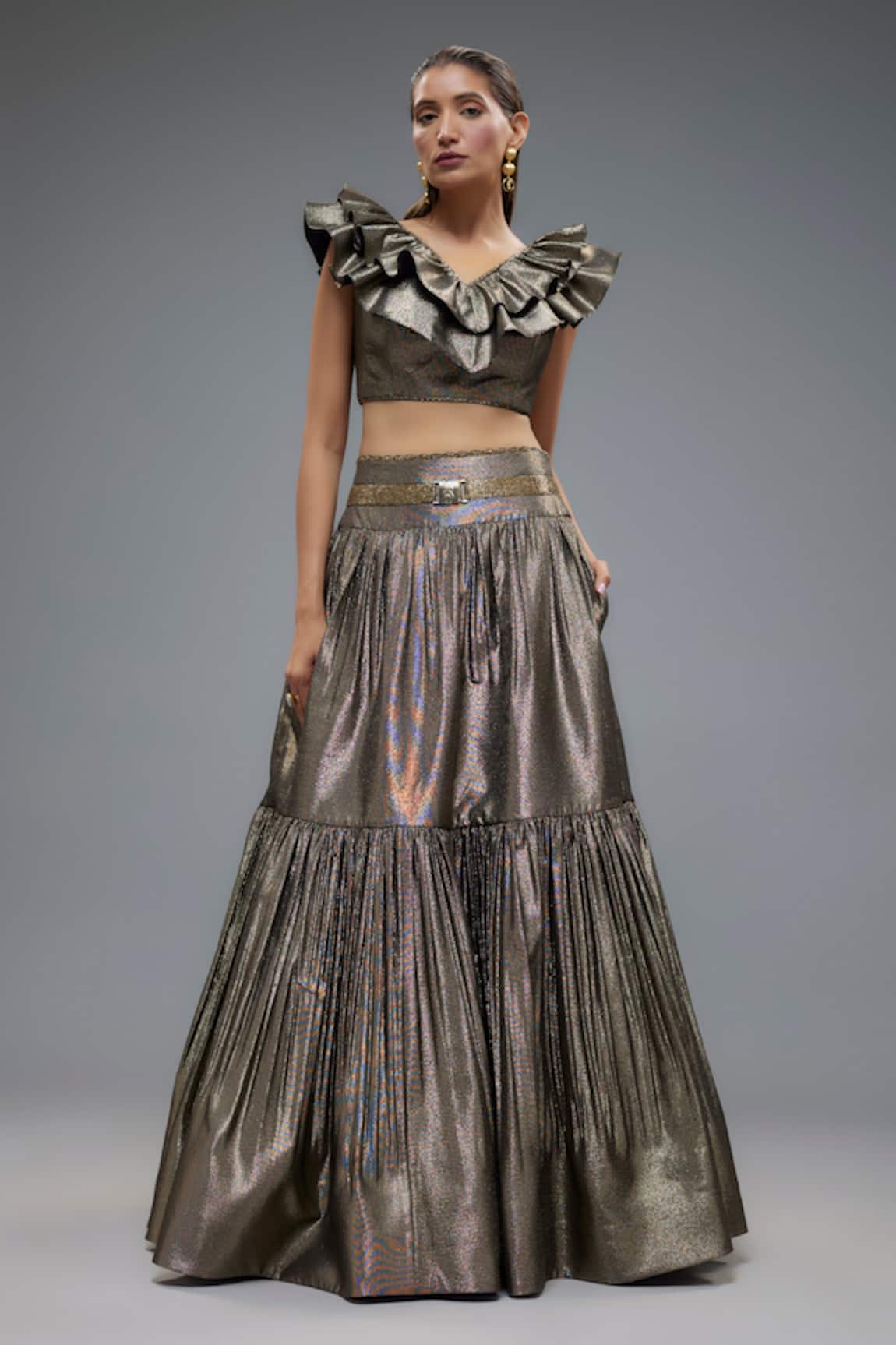 Rocky Star Gold Grey Shimmer Tiered Lehenga Set 