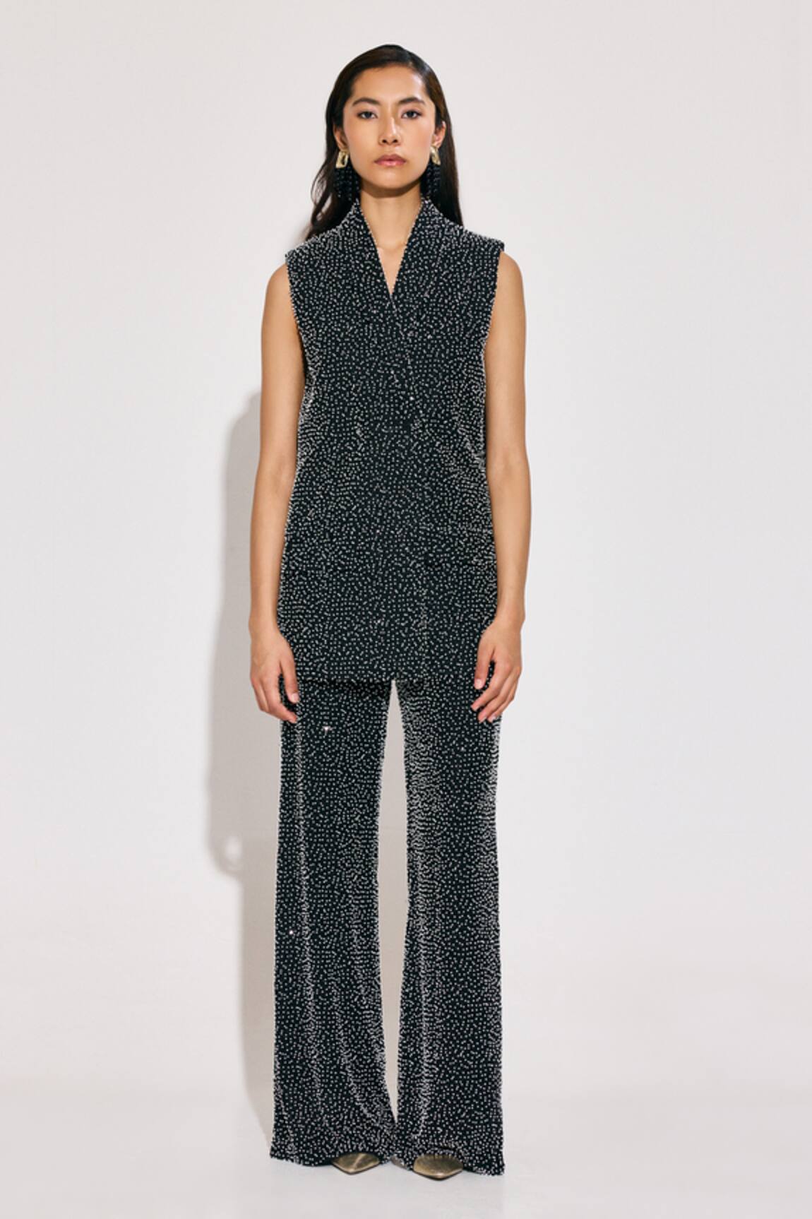 TWINKLE HANSPAL Embellished Black Blazer & Wide Leg Pant Set 