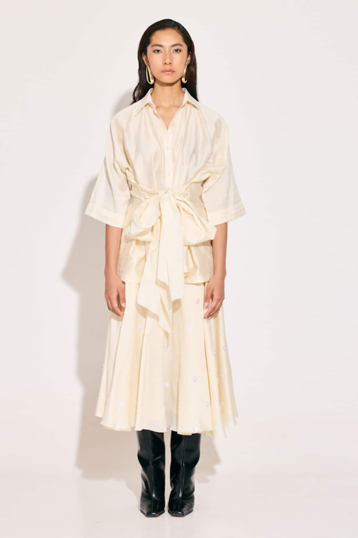 TWINKLE HANSPAL Ivory Tie Up Shirt & Bloom Midi Skirt 