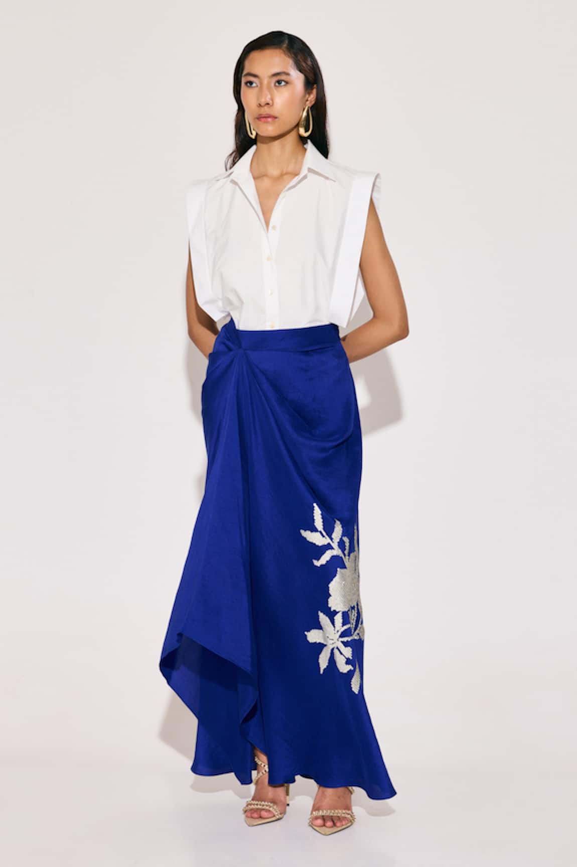TWINKLE HANSPAL Boxy Shirt & Floral Embroidered Draped Skirt 