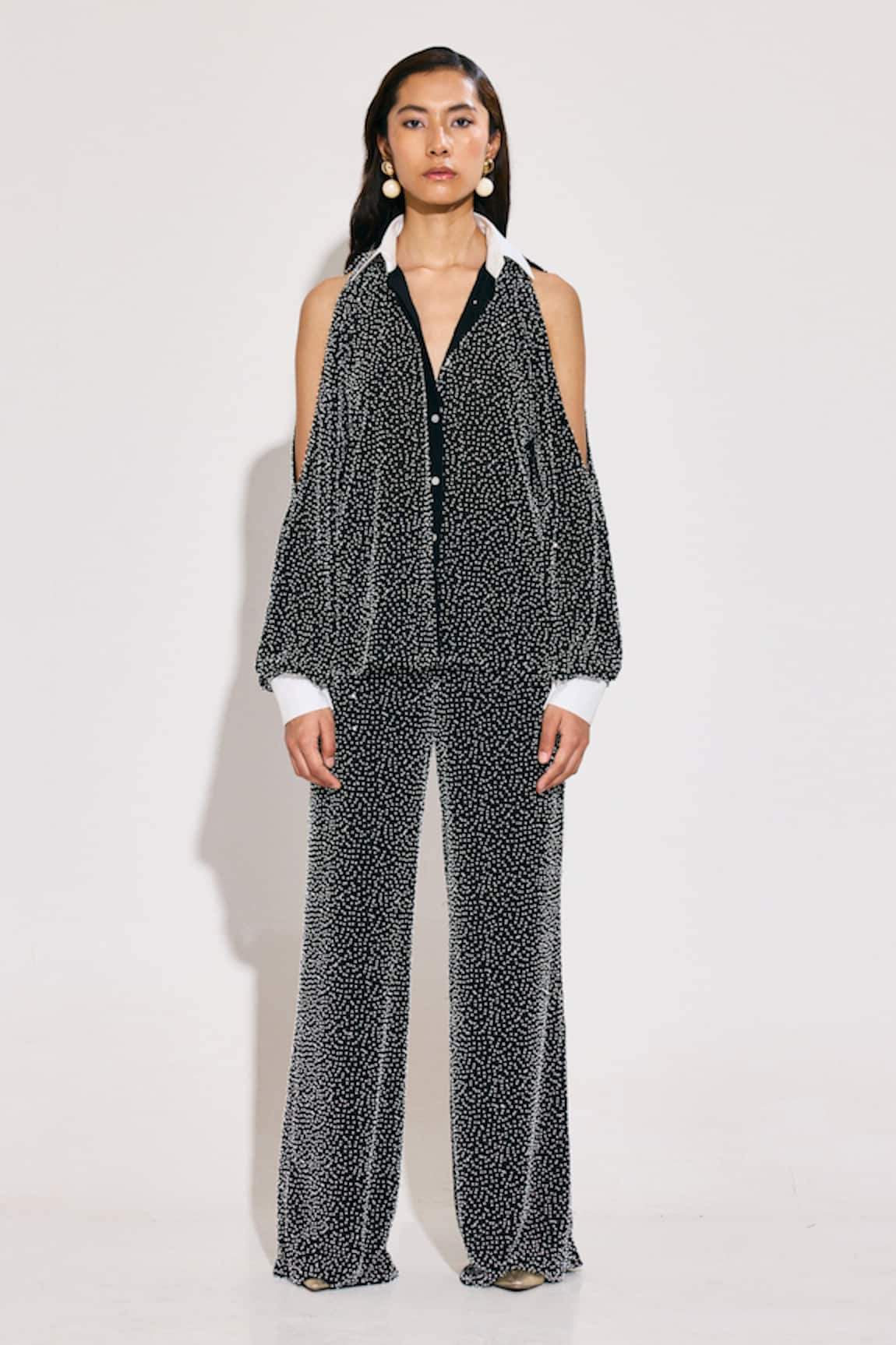 TWINKLE HANSPAL Black Embellished Cold Shoulder Shirt & Pant Set 