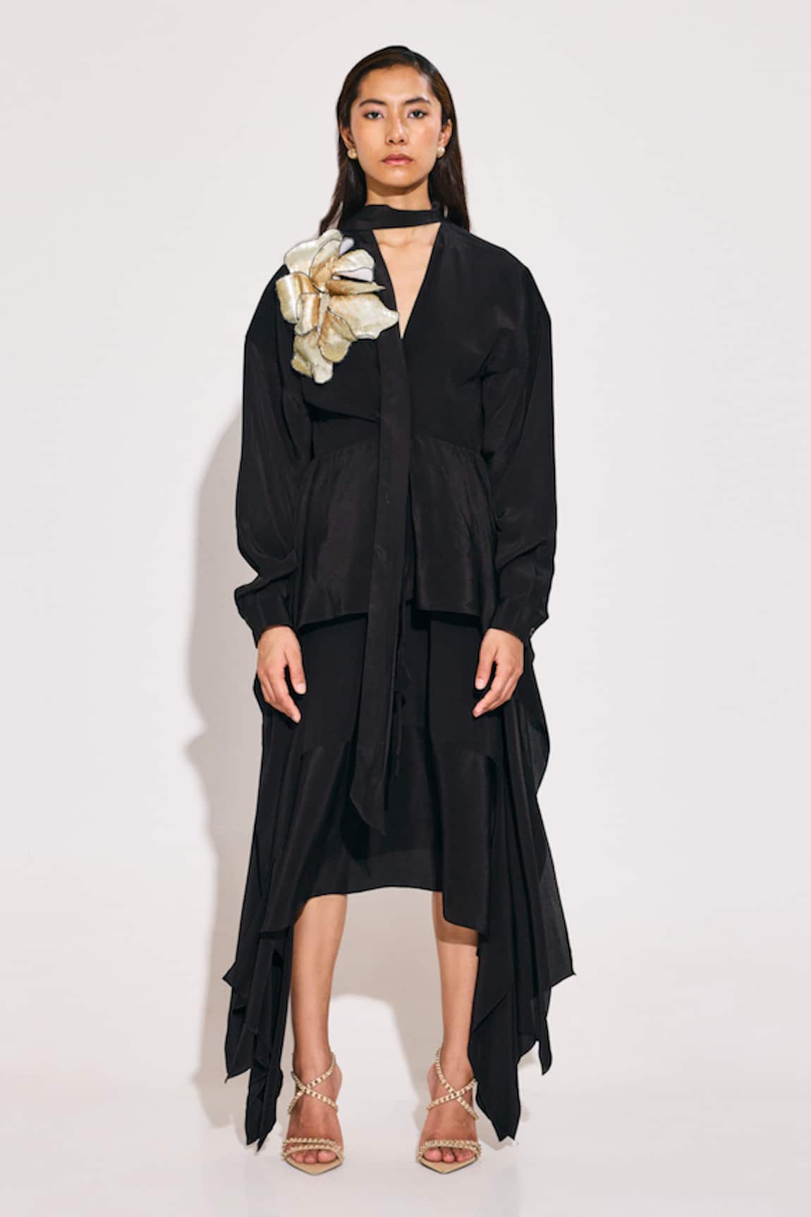 TWINKLE HANSPAL Black 3D Bloom Embellished Midi Dress 