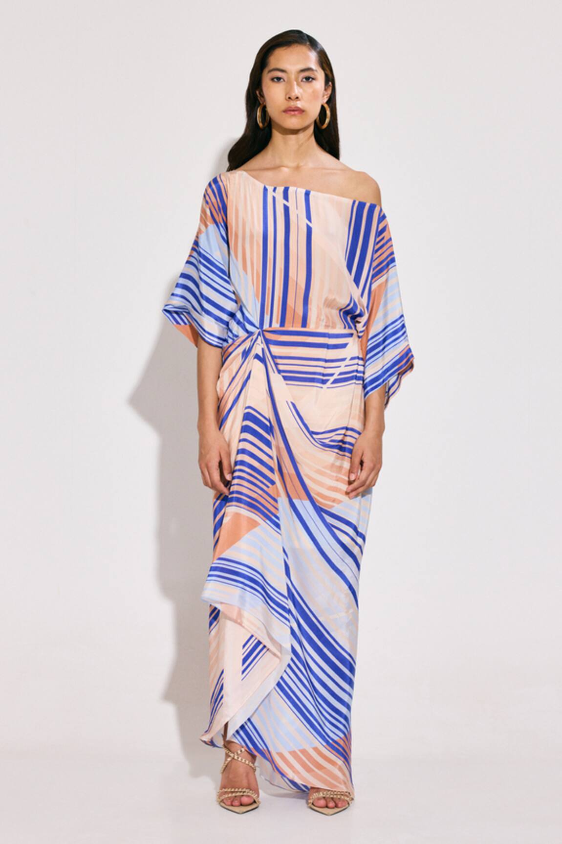 TWINKLE HANSPAL Blue Abstract Stripe Draped Maxi Dress 