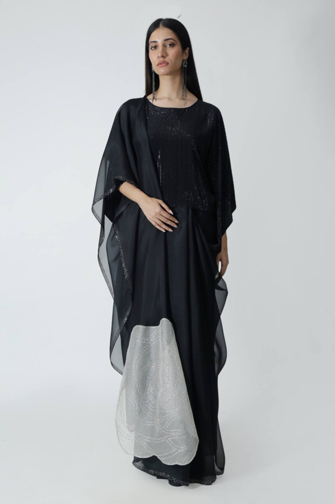Chhaya Mehrotra Black Applique Pallu Saree & Kaftan Blouse 