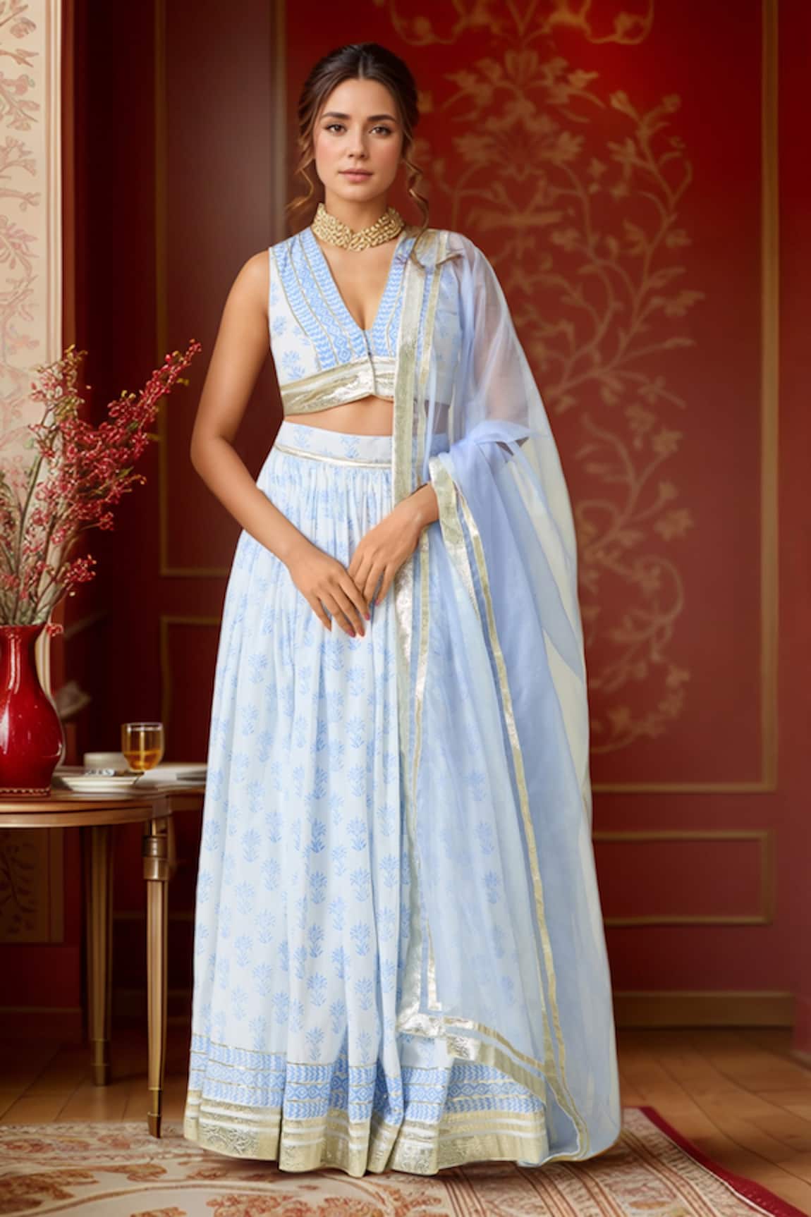 Samyukta Singhania Floral Geometric Handblock Printed Lehenga Set 