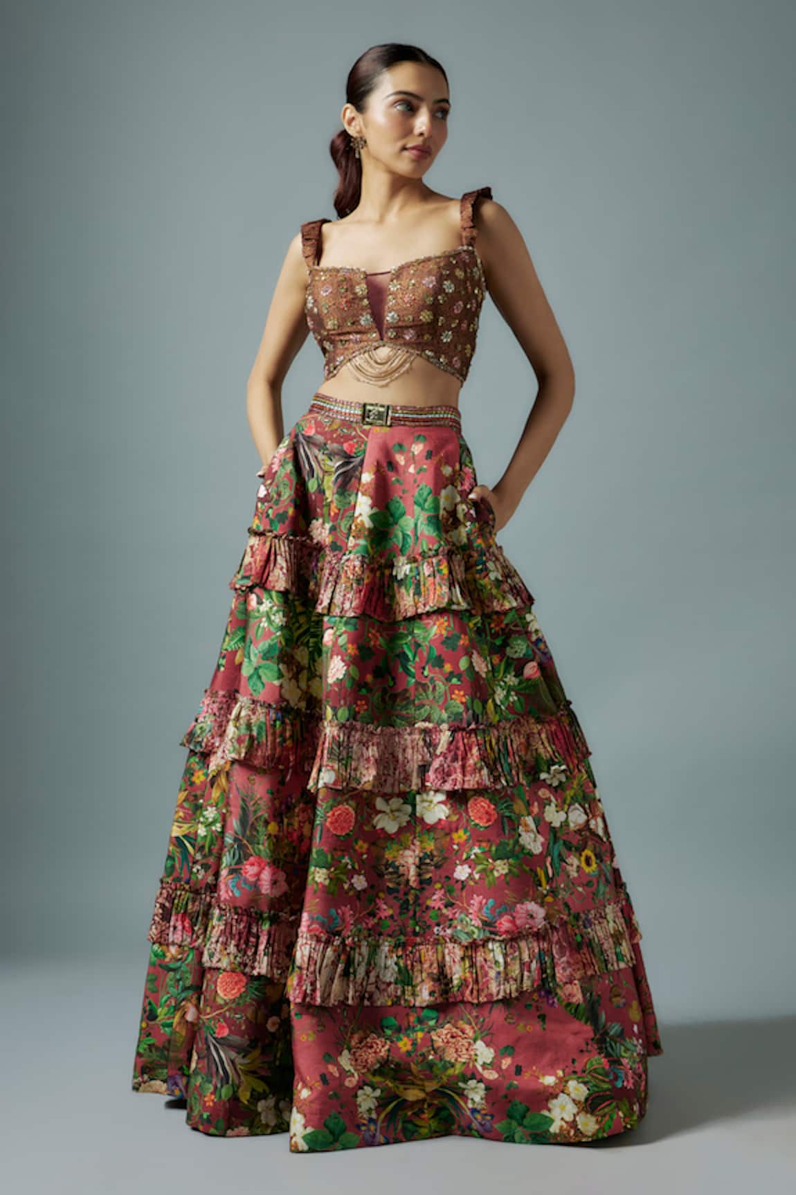 Rocky Star Maroon Bloom Print Frilly Lehenga Set 
