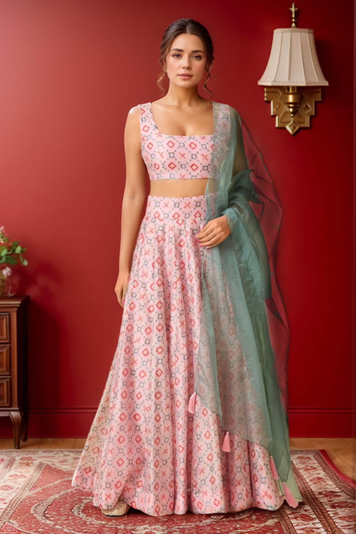 Samyukta Singhania Geometric Printed Chanderi Lehenga Set 