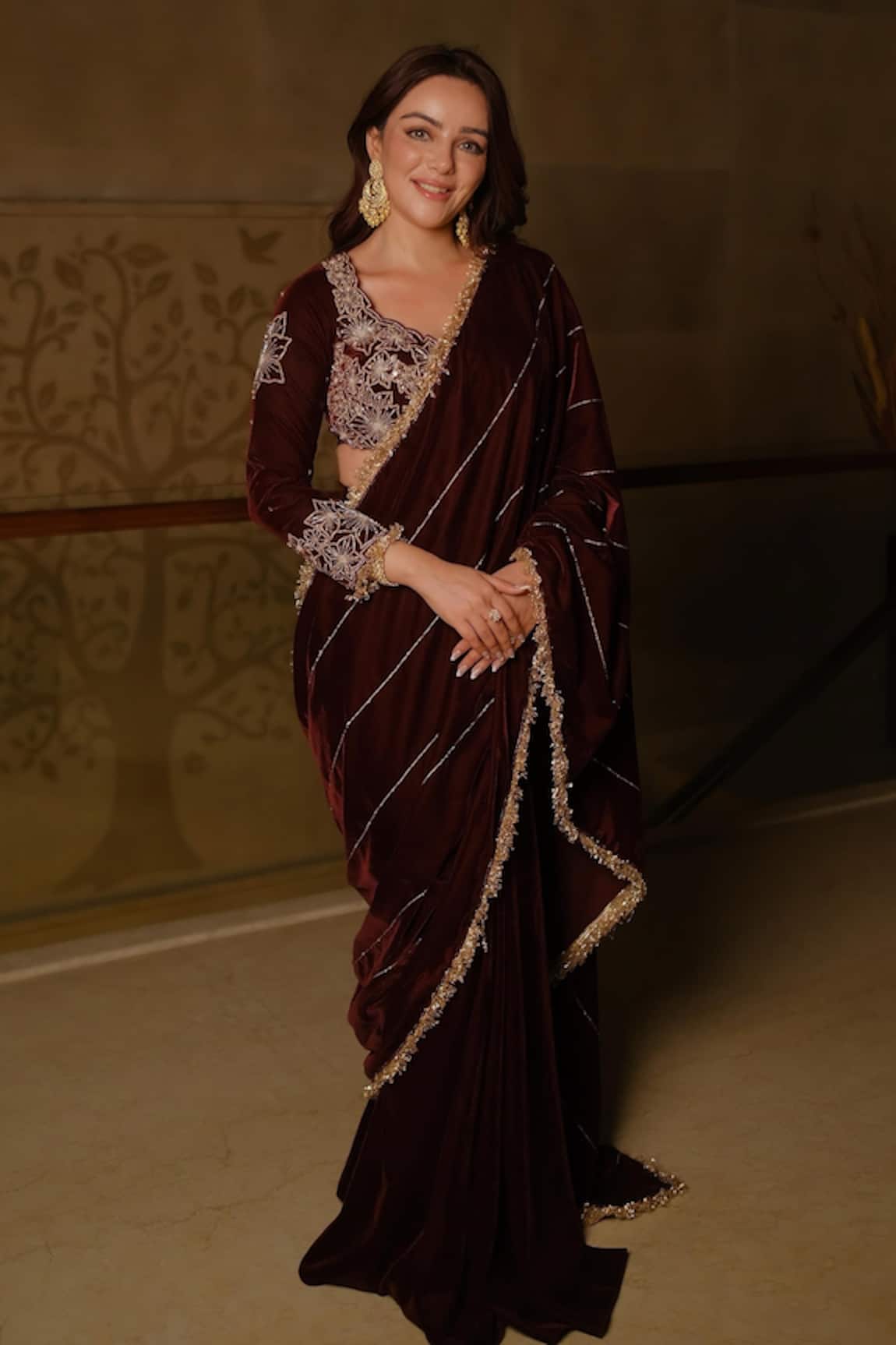 Ajiesh Oberoi Wine Velvet Floral Embroidered Sharara Saree 