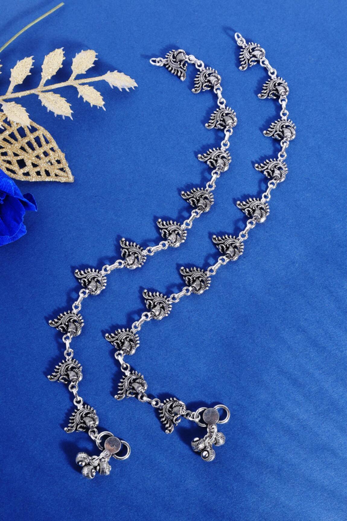 Mero Jewellery Peacock Carved Silver Anklets Set 