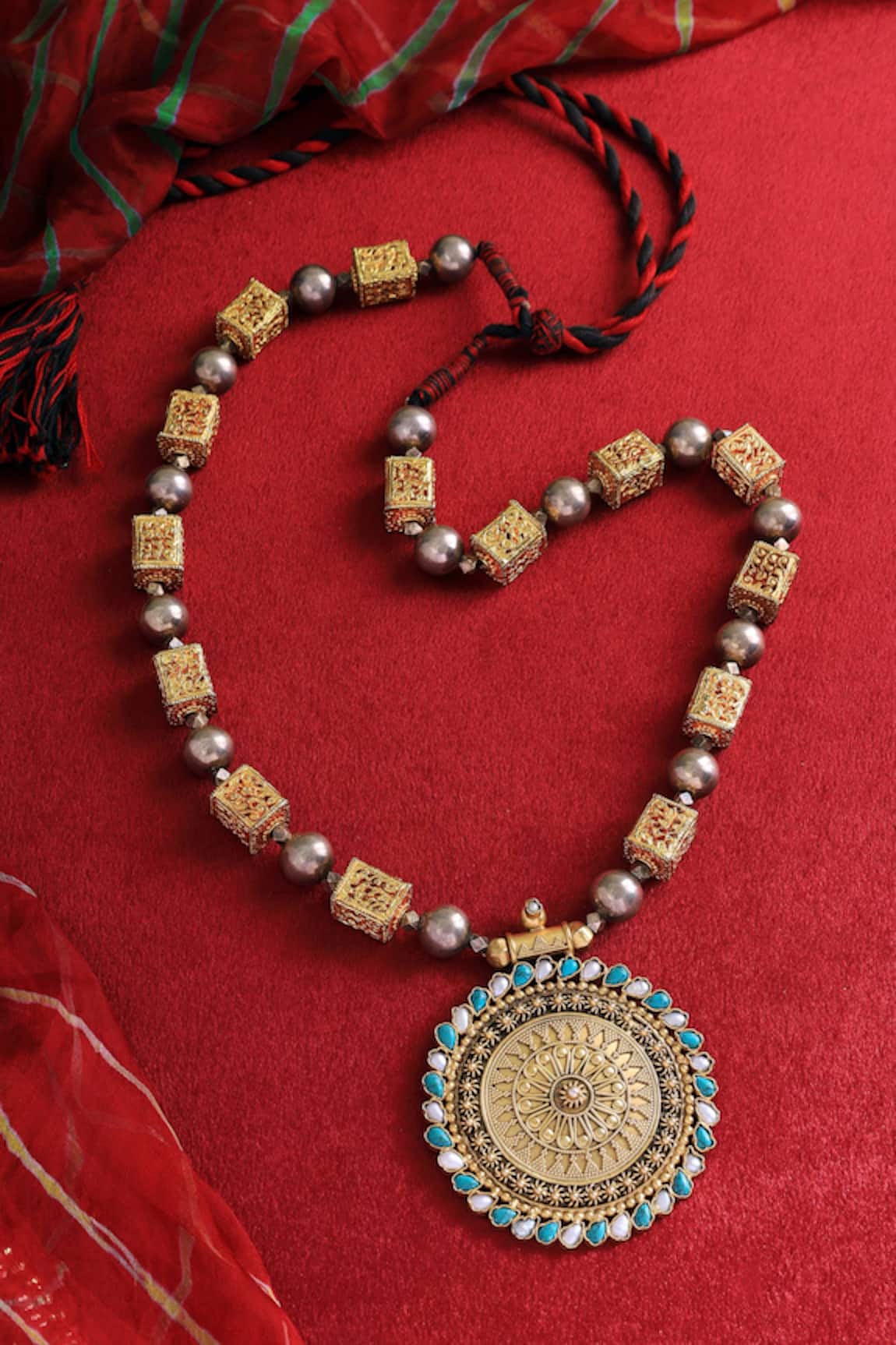 Mero Jewellery Temple Carved Long Pendant Necklace 
