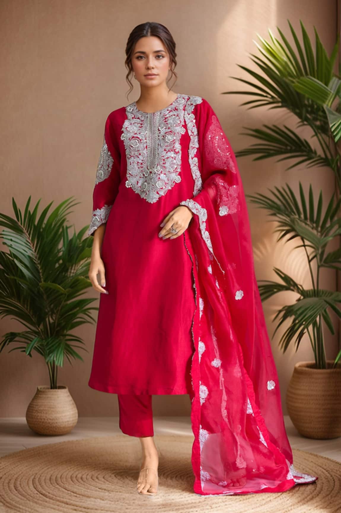 Prisho Red Floral Gota Embroidered Kurta Set 