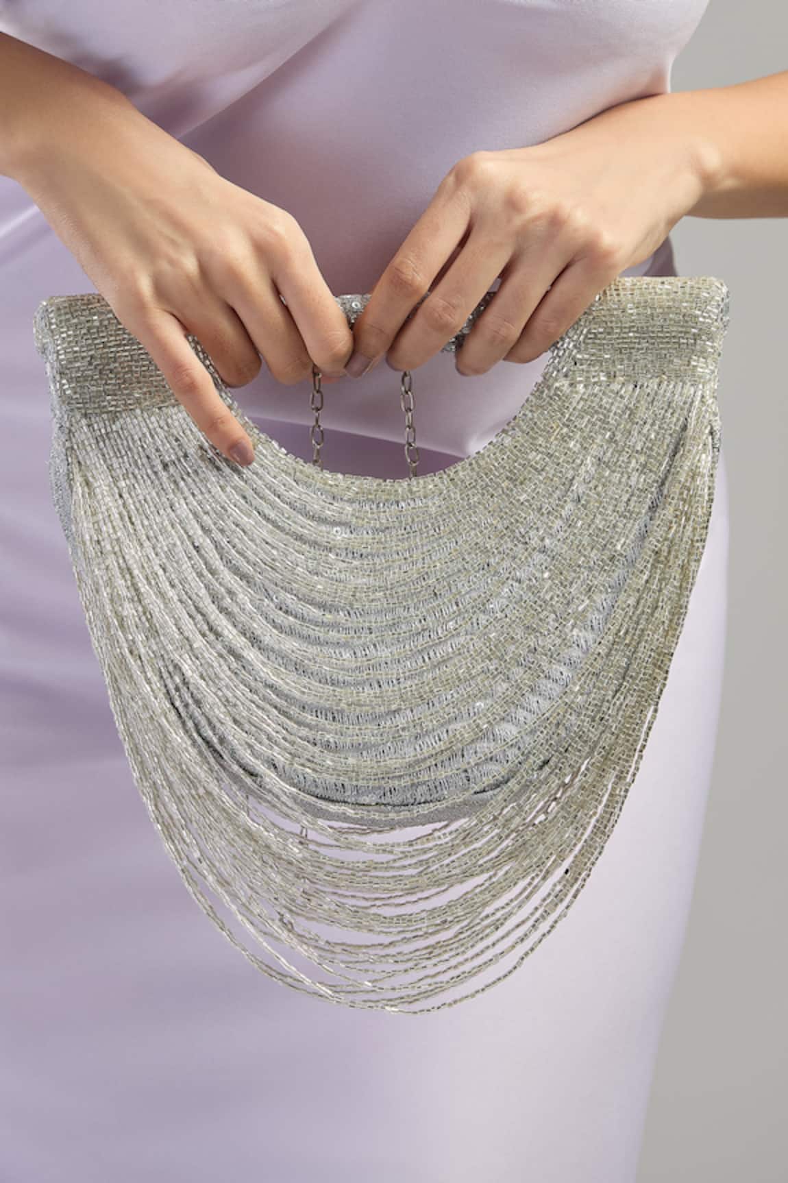 Tasna Cutdana Embellished Silver Clutch Bag 