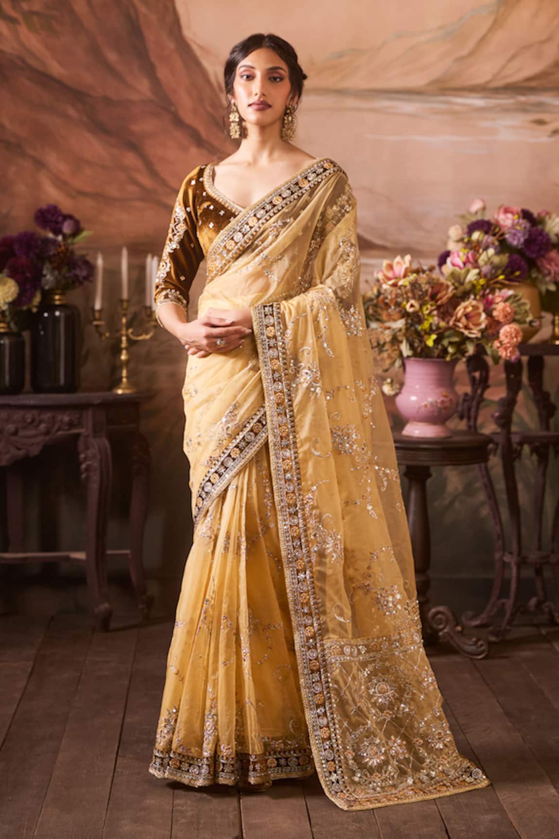 Lashkaraa Bloom Gardenia Embroidered Pre-Draped Saree 