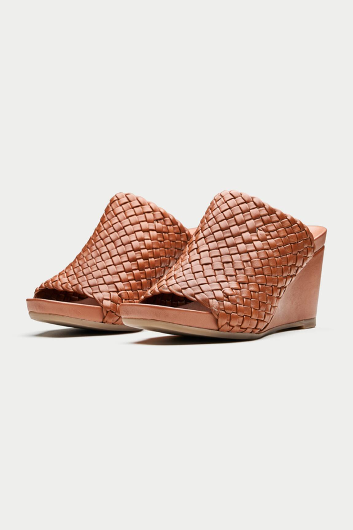 Oroh Textured Woven Brown Broad Strap Wedges 