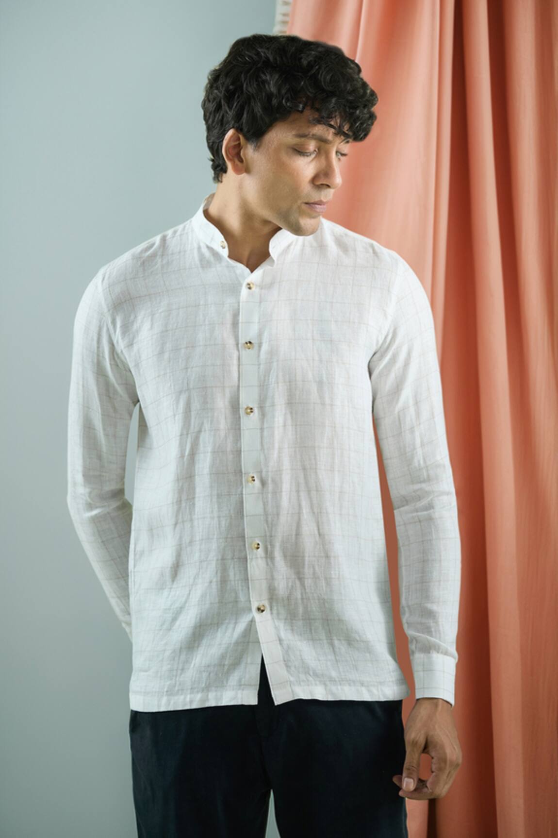 Aryavir Malhotra White Checkered Mandarin Collar Shirt