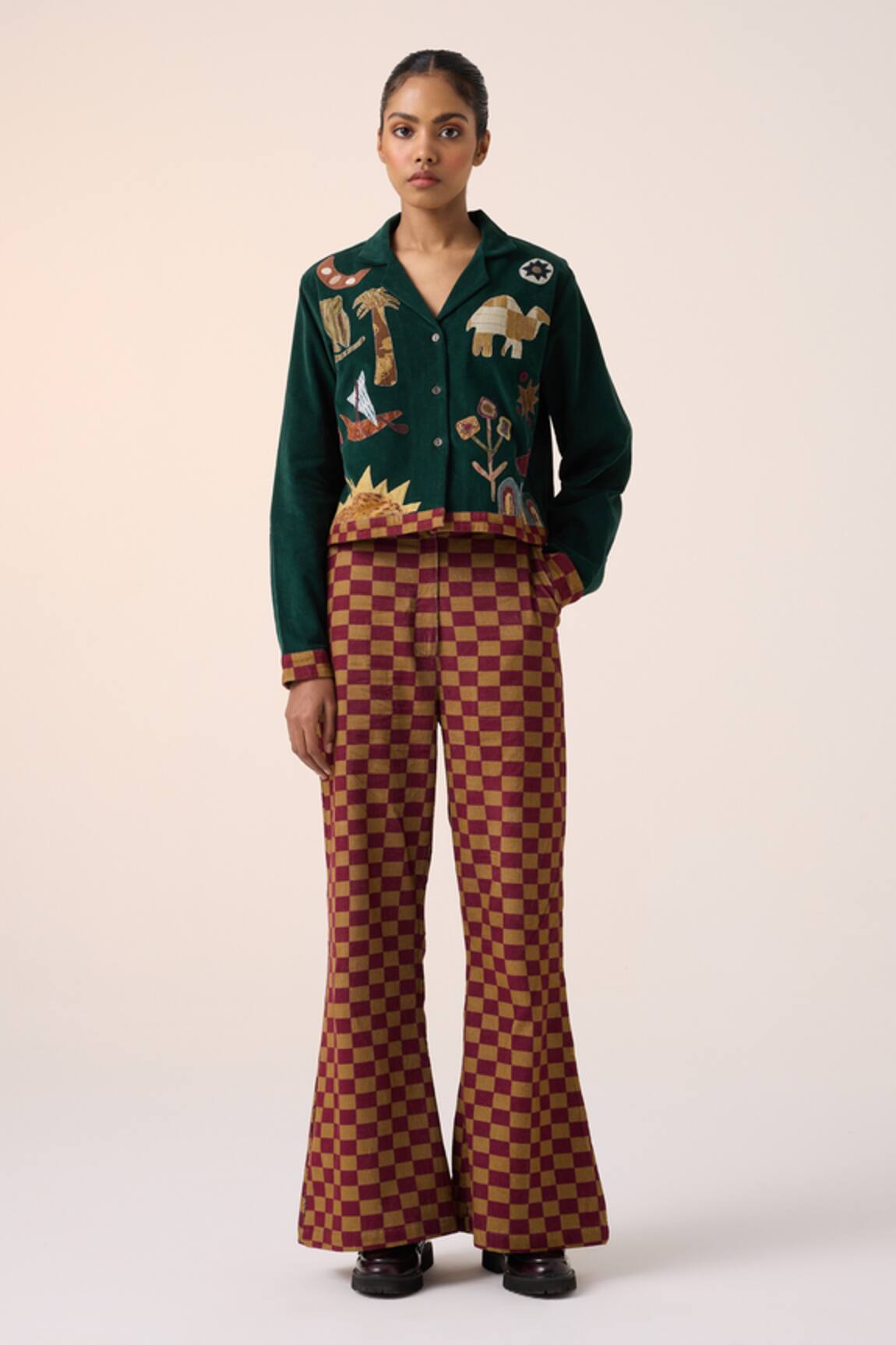 Cord Maroon Checkered Print Corduroy Pant