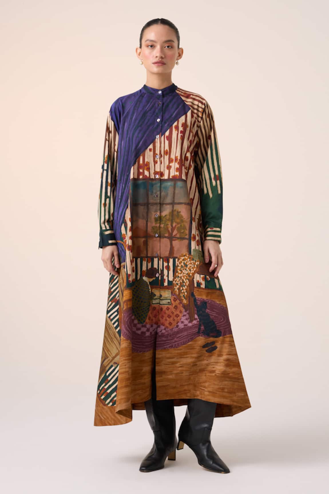 Cord Multicolor Cotton Home Alone Print A-Line Dress